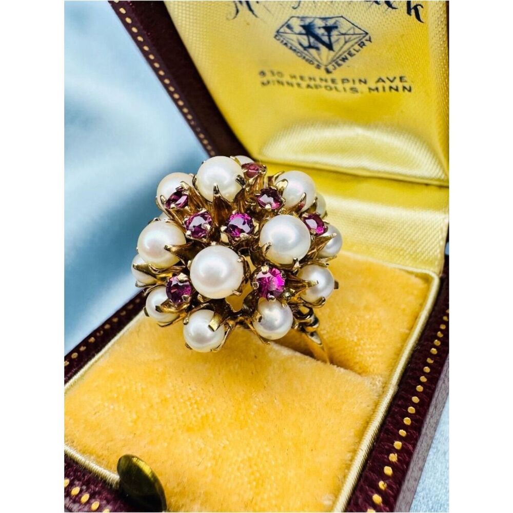 ANTIQUE- 14K Gold Ruby & Pearl Princess Ring Tiered Harem Ring Cluster Ring -7g